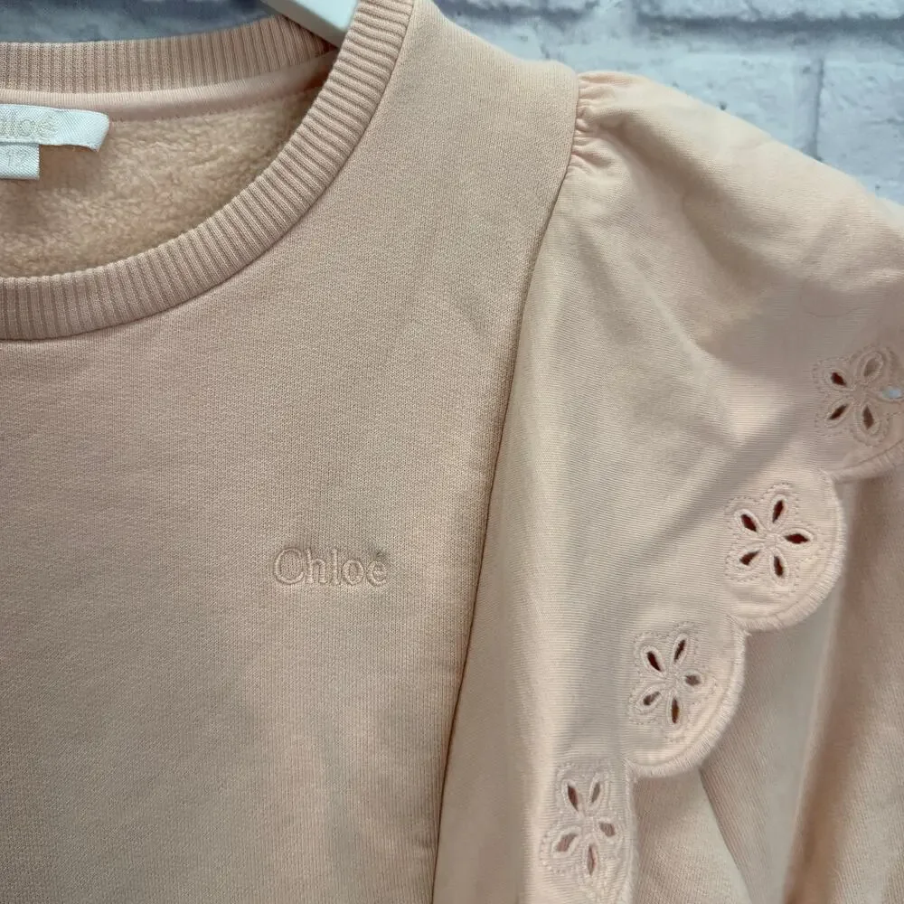 Chloe Girls Ruffle Sleeve Dress Size 12 Logo Flower Pink Cotton Scallop